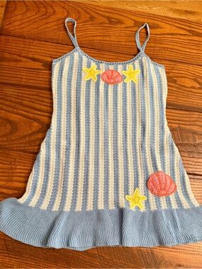 Women’s Shell Knit Tank Dress Swim Coverup with Yellow Star Appliqués